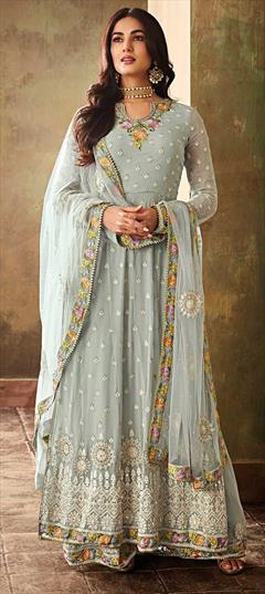 Bollywood Blue color Salwar Kameez in Georgette fabric with Anarkali Embroidered, Stone, Thread, Zari work : 1853448