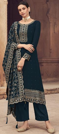 Reception, Wedding Blue color Salwar Kameez in Georgette fabric with Palazzo Embroidered, Lace, Sequence work : 1853449