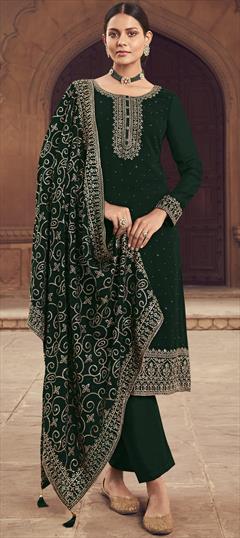 Reception, Wedding Green color Salwar Kameez in Georgette fabric with Palazzo Embroidered, Lace, Sequence work : 1853455