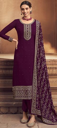 Reception, Wedding Purple and Violet color Salwar Kameez in Georgette fabric with Palazzo Embroidered, Lace, Sequence work : 1853458