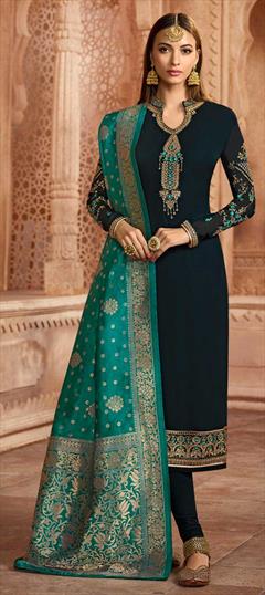 Bollywood Blue color Salwar Kameez in Georgette fabric with Straight Embroidered, Stone, Thread, Zari work : 1853464