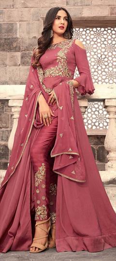 Designer, Party Wear Pink and Majenta color Salwar Kameez in Georgette fabric with Slits Embroidered, Stone, Zari work : 1853482