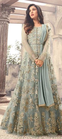 Designer, Party Wear, Reception Blue color Salwar Kameez in Net fabric with Anarkali Embroidered, Stone, Zari work : 1853486