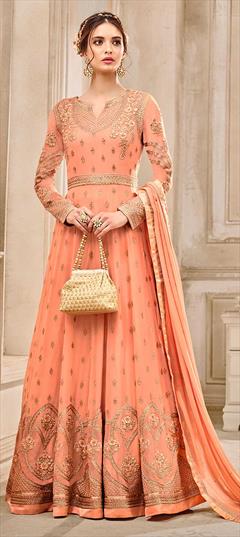 Designer, Party Wear, Reception Pink and Majenta color Salwar Kameez in Georgette fabric with Anarkali Embroidered, Stone, Zari work : 1853487