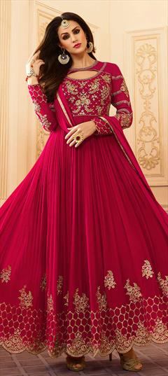 Designer, Party Wear, Reception Red and Maroon color Salwar Kameez in Georgette fabric with Anarkali Embroidered, Stone, Zari work : 1853488