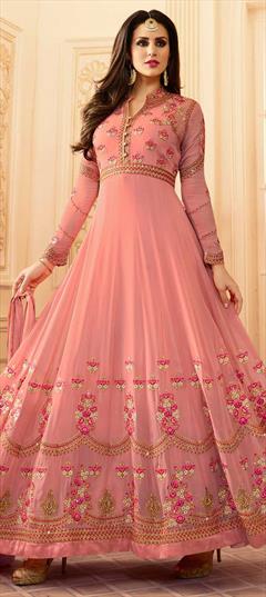 Designer, Party Wear, Reception Pink and Majenta color Salwar Kameez in Georgette fabric with Anarkali Embroidered, Stone, Zari work : 1853489