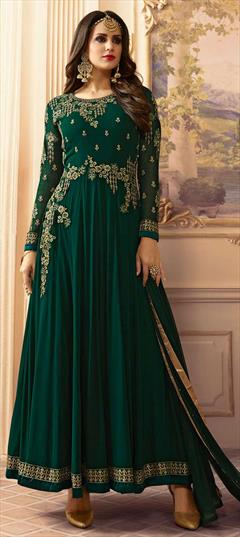 Designer, Eid, Party Wear, Reception Green color Salwar Kameez in Georgette fabric with Anarkali Embroidered, Stone, Zari work : 1853491
