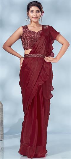 Festive, Reception Red and Maroon color Readymade Saree in Art Silk, Silk fabric with Classic Sequence work : 1853572