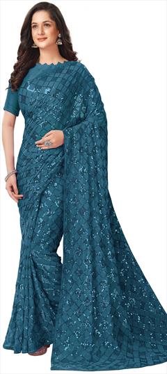 Party Wear, Reception Blue color Saree in Faux Georgette fabric with Classic Embroidered, Sequence, Thread work : 1853624