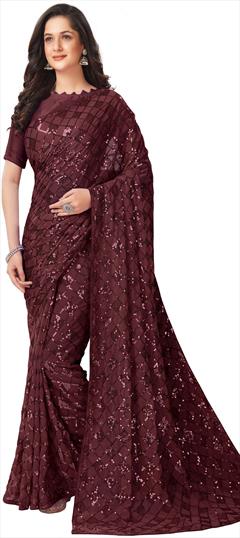 Party Wear, Reception Red and Maroon color Saree in Faux Georgette fabric with Classic Embroidered, Sequence, Thread work : 1853626