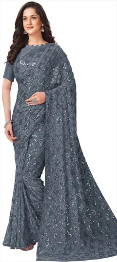 Party Wear, Reception Black and Grey color Saree in Faux Georgette fabric with Classic Embroidered, Sequence, Thread work : 1853627