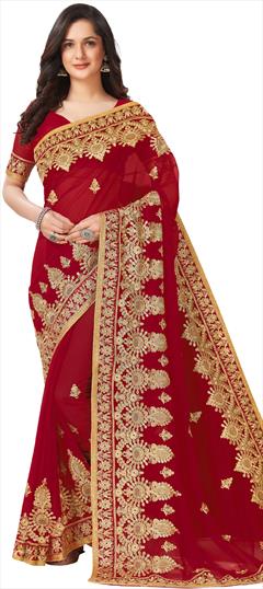 Mehendi Sangeet, Reception Red and Maroon color Saree in Georgette fabric with Classic Embroidered, Lace, Thread, Zari work : 1853630
