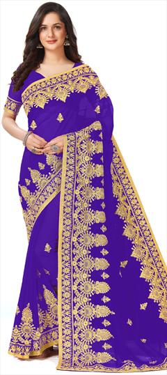 Mehendi Sangeet, Reception Blue color Saree in Georgette fabric with Classic Embroidered, Lace, Thread, Zari work : 1853632