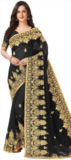 Mehendi Sangeet, Reception Black and Grey color Saree in Georgette fabric with Classic Embroidered, Lace, Thread, Zari work : 1853633