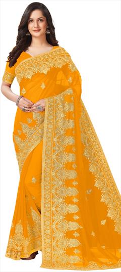 Mehendi Sangeet, Reception Yellow color Saree in Georgette fabric with Classic Embroidered, Lace, Thread, Zari work : 1853635