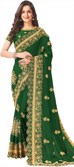 Party Wear, Reception Green color Saree in Art Silk, Silk fabric with Classic Embroidered, Lace, Thread, Zari work : 1853643