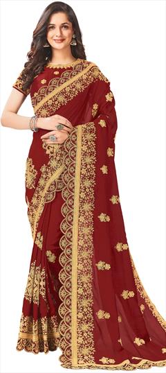 Party Wear, Reception Red and Maroon color Saree in Art Silk, Silk fabric with Classic Embroidered, Lace, Thread, Zari work : 1853644