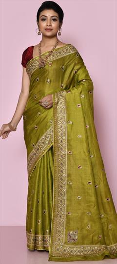 Reception, Traditional, Wedding Green color Saree in Banarasi Silk, Silk fabric with South Embroidered, Thread, Weaving, Zari work : 1853717