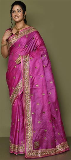 Reception, Traditional, Wedding Pink and Majenta color Saree in Banarasi Silk, Silk fabric with South Embroidered, Thread, Weaving, Zari work : 1853718