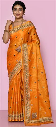 Reception, Traditional, Wedding Yellow color Saree in Banarasi Silk, Silk fabric with South Embroidered, Thread, Weaving, Zari work : 1853720