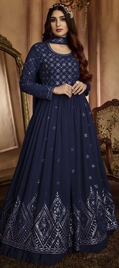 Mehendi Sangeet, Reception Blue color Gown in Faux Georgette fabric with Embroidered, Sequence, Thread work : 1853777