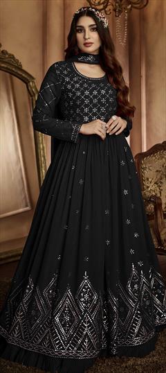 Mehendi Sangeet, Reception Black and Grey color Gown in Faux Georgette fabric with Embroidered, Sequence, Thread work : 1853779