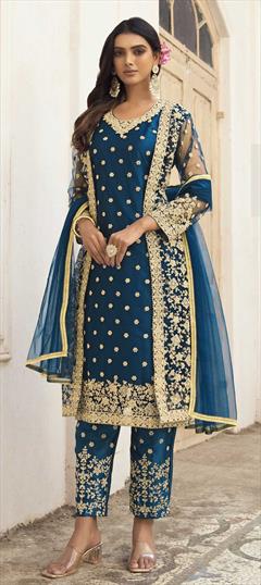 Festive, Mehendi Sangeet, Reception Blue color Salwar Kameez in Net fabric with Straight Embroidered, Thread, Zari work : 1853784