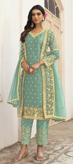Festive, Mehendi Sangeet, Reception Green color Salwar Kameez in Net fabric with Straight Embroidered, Thread, Zari work : 1853787