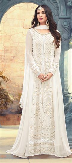 Bollywood, Designer White and Off White color Salwar Kameez in Georgette fabric with Anarkali Embroidered, Stone, Thread, Zari work : 1853899