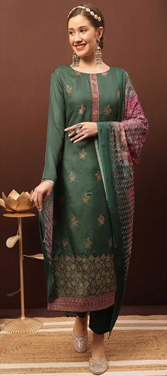 Festive, Party Wear Green color Salwar Kameez in Dolla Silk fabric with Straight Printed, Resham work : 1853905