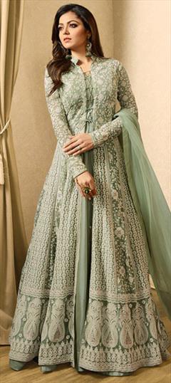 Bollywood, Designer Green color Salwar Kameez in Net fabric with Anarkali Embroidered, Stone, Thread, Zari work : 1853910