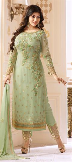 Bollywood, Designer Green color Salwar Kameez in Georgette fabric with Straight Embroidered, Stone, Thread, Zari work : 1853915