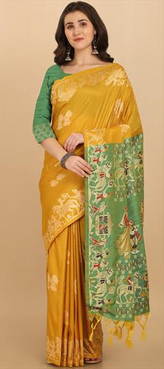 Traditional Yellow color Saree in Raw Silk, Silk fabric with South Weaving work : 1853970