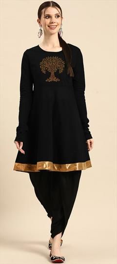 Party Wear Black and Grey color Salwar Kameez in Rayon fabric with Patiala Embroidered work : 1853983