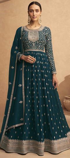 Festive, Reception Blue color Gown in Georgette fabric with Anarkali Embroidered, Thread, Zari work : 1854005
