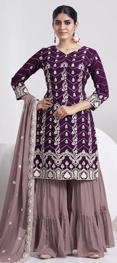 Festive, Reception Purple and Violet color Salwar Kameez in Faux Georgette fabric with Sharara, Straight Embroidered, Resham, Sequence, Thread work : 1854011