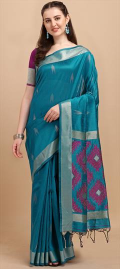 Traditional Blue color Saree in Raw Silk, Silk fabric with South Sequence, Weaving work : 1854014