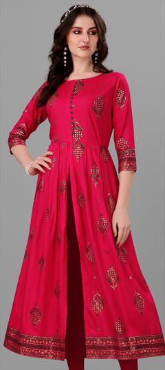 Casual Pink and Majenta color Kurti in Rayon fabric with Long Sleeve, Slits Printed work : 1854018