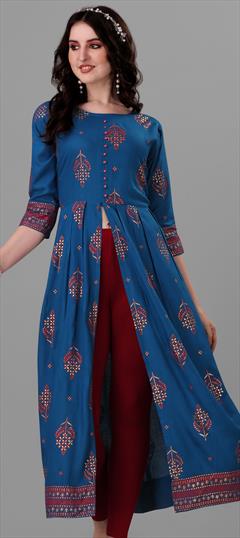 Casual Blue color Kurti in Rayon fabric with Long Sleeve, Slits Printed work : 1854020