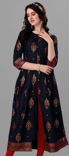 Casual Blue color Kurti in Rayon fabric with Long Sleeve, Slits Printed work : 1854021
