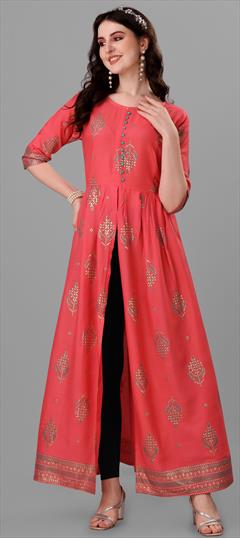 Casual Pink and Majenta color Kurti in Rayon fabric with Long Sleeve, Slits Printed work : 1854025