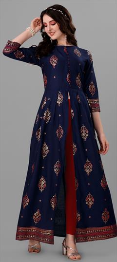 Casual Blue color Kurti in Rayon fabric with Long Sleeve, Straight Printed work : 1854026