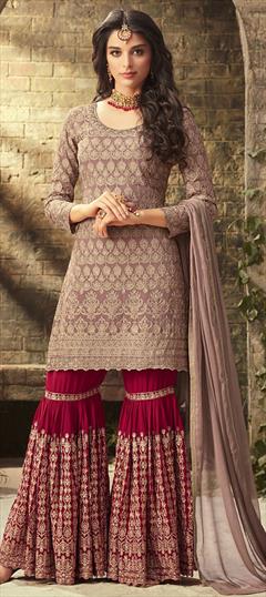 Bollywood, Designer Beige and Brown color Salwar Kameez in Georgette fabric with Sharara, Straight Embroidered, Stone, Thread, Zari work : 1854032