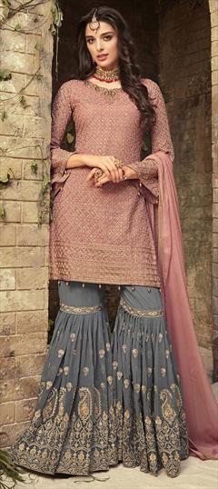 Bollywood, Designer Gold color Salwar Kameez in Georgette fabric with Sharara, Straight Embroidered, Stone, Thread, Zari work : 1854034