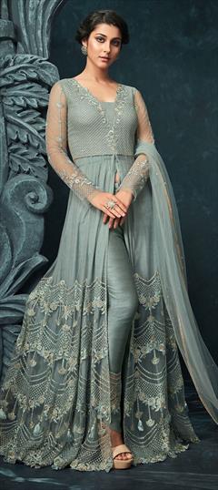 Bollywood, Designer Blue color Salwar Kameez in Net fabric with Slits Embroidered, Stone, Thread, Zari work : 1854036