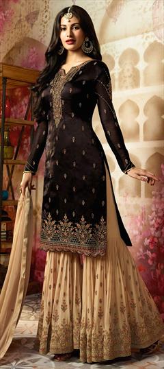 Bollywood, Designer Beige and Brown color Salwar Kameez in Georgette fabric with Sharara, Straight Embroidered, Stone, Thread, Zari work : 1854038
