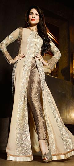Bollywood, Designer Beige and Brown color Salwar Kameez in Georgette fabric with Slits Embroidered, Stone, Thread, Zari work : 1854040