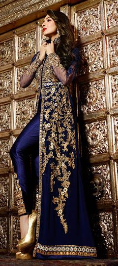 Bollywood, Designer Blue color Salwar Kameez in Georgette fabric with Slits Embroidered, Stone, Thread, Zari work : 1854044