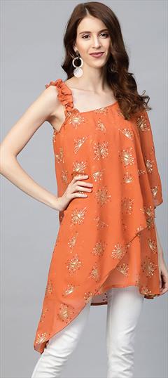 Casual Orange color Kurti in Georgette fabric with Asymmetrical Printed work : 1854149