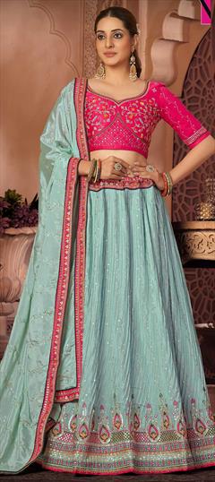 Reception, Wedding Blue color Lehenga in Chiffon fabric with A Line Embroidered, Lace, Sequence, Thread work : 1854166